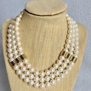 3-Strand Faux Pearl Necklace with Gold Tone Accents